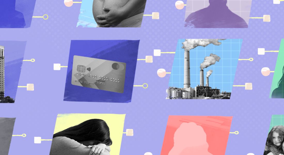 Collage of children, factories, a credit card and silhouettes, symbolizing linked register data on childhood adversity
